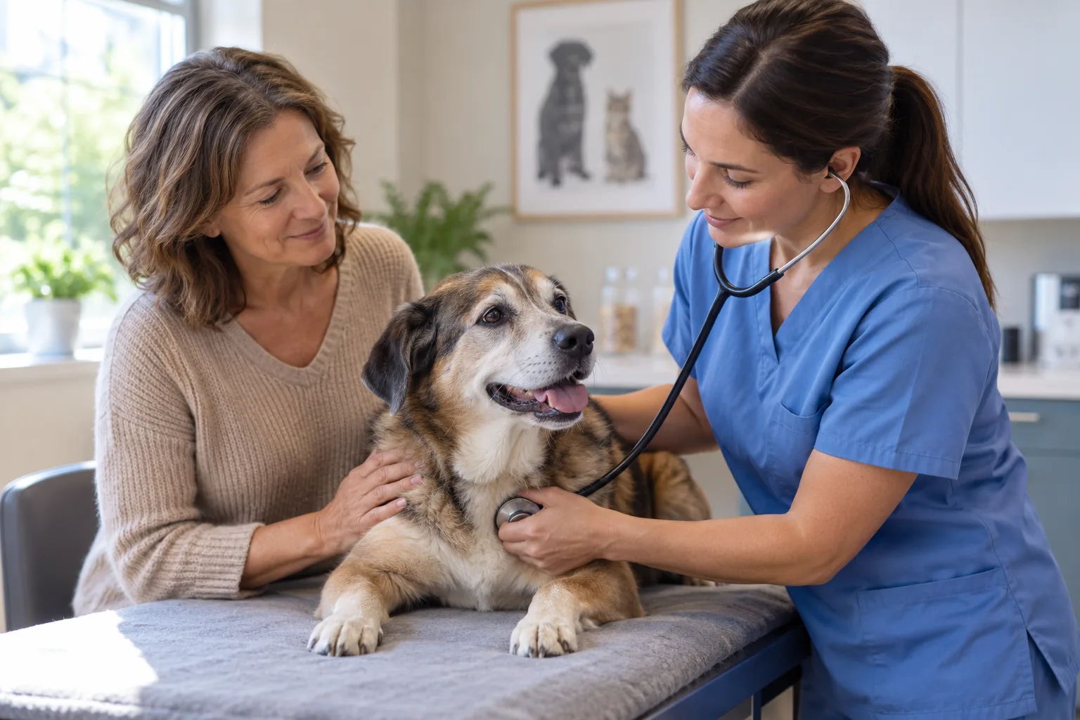 Owner and veterinary professional examining a small dog